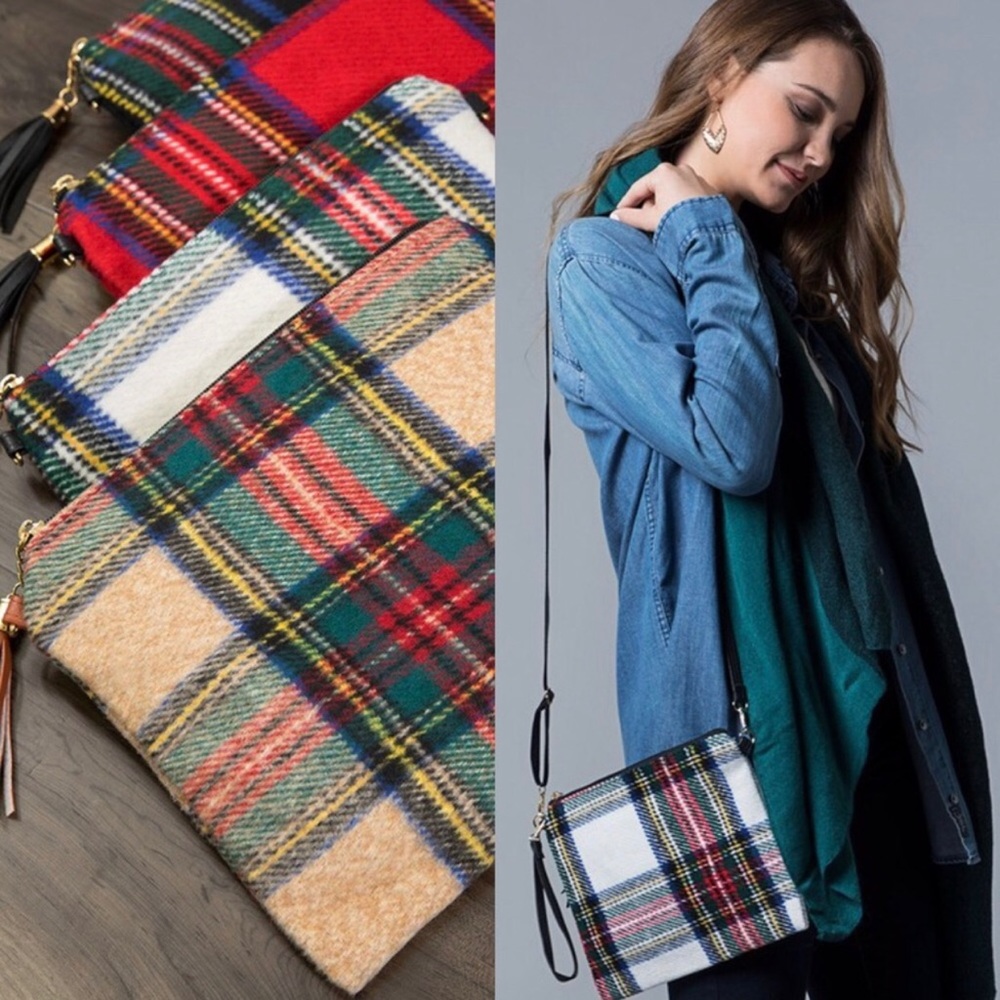 NWT BEIGE PLAID CLUTCH AND CROSSBODY